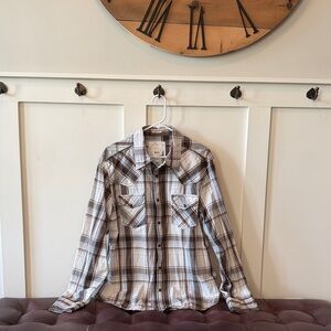 BKE Men's Brown and White Plaid Casual Button Down Shirt